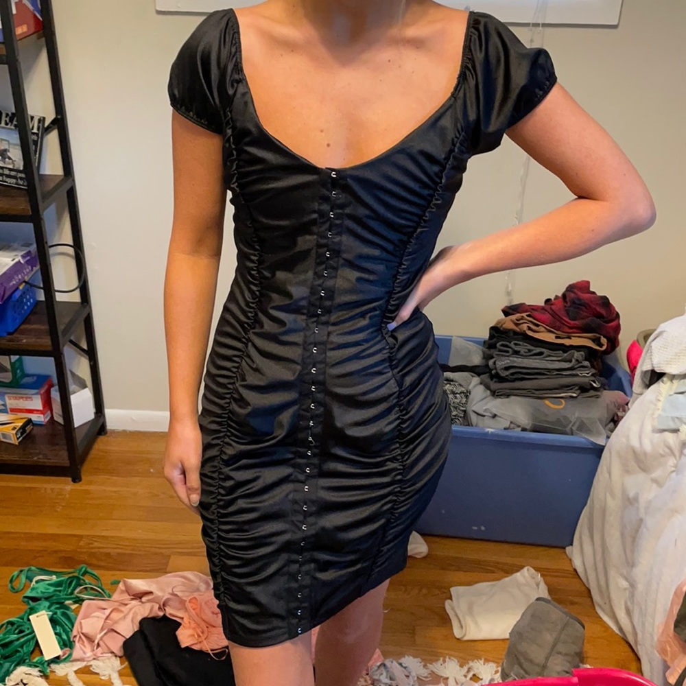 Black short sleeve clip up mini dress